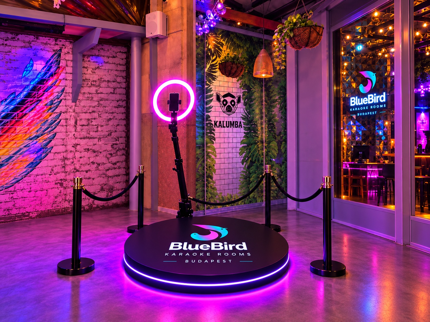 BlueBird Karaoke Rooms logo branding on the Orbit360 platform, with the full platform and ring-light setup visible
